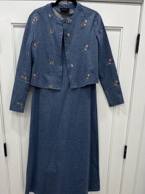 Madison & Park Women's 2-Piece Dress & Jacket Set L Blue Chambray Floral